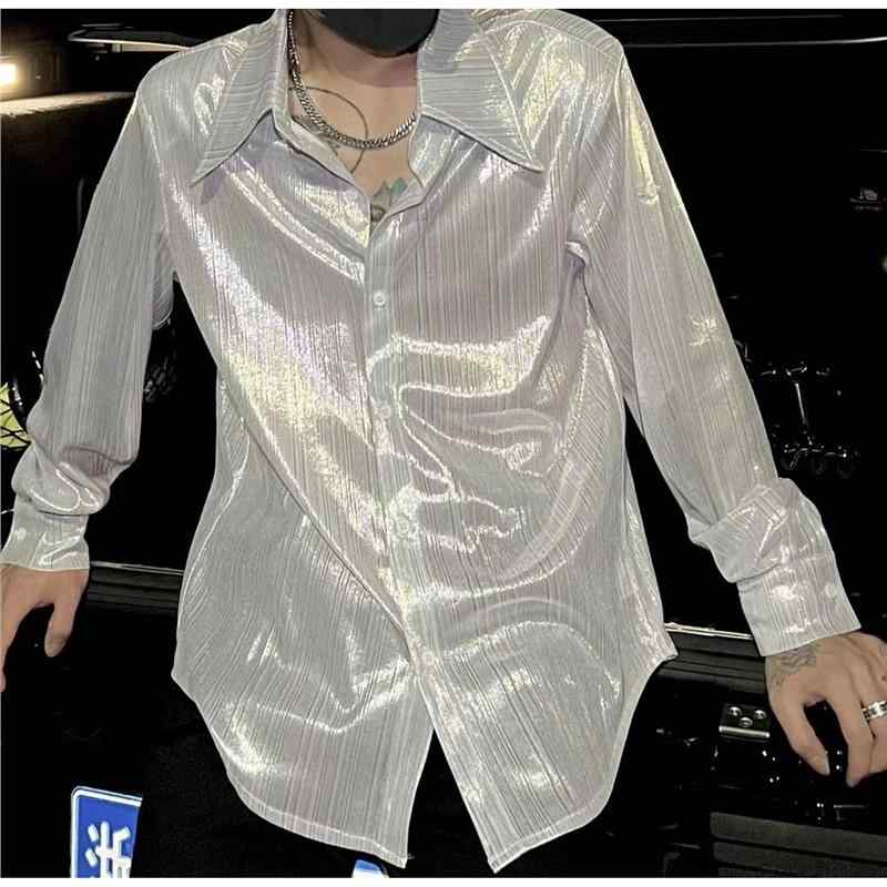 シャツ メンズ ストリート系 シンプル 形態安定 春秋 ワイルド系 個性的 無地 光沢感 高級感 トップス カジュアル 普段使い 長袖 レギュラーカラー ドレープ感 とろみ素材