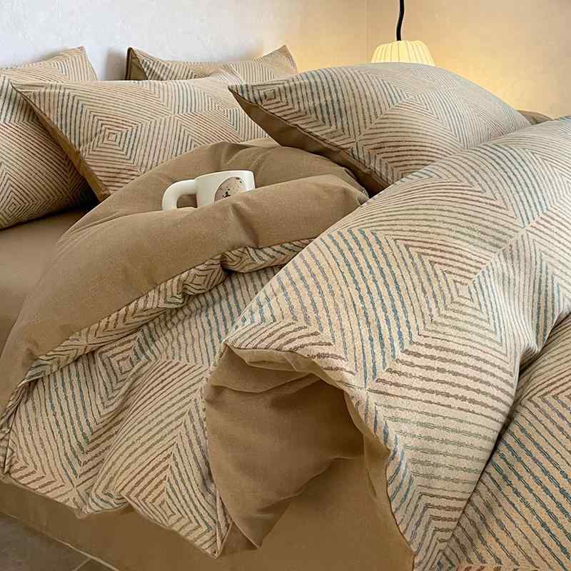 Gel Beds - 秋冬 ベッドルームセット 保暖 加厚 磨毛加工 純棉 四件セット 田園柄 床単 枕カバー 掛け布団カバー 吸湿速乾 柔らかい 肌触り 良い 家庭用 寝室インテリア 快適 寝具 シーツ セット 1.5m 1.8m サイズ 対応