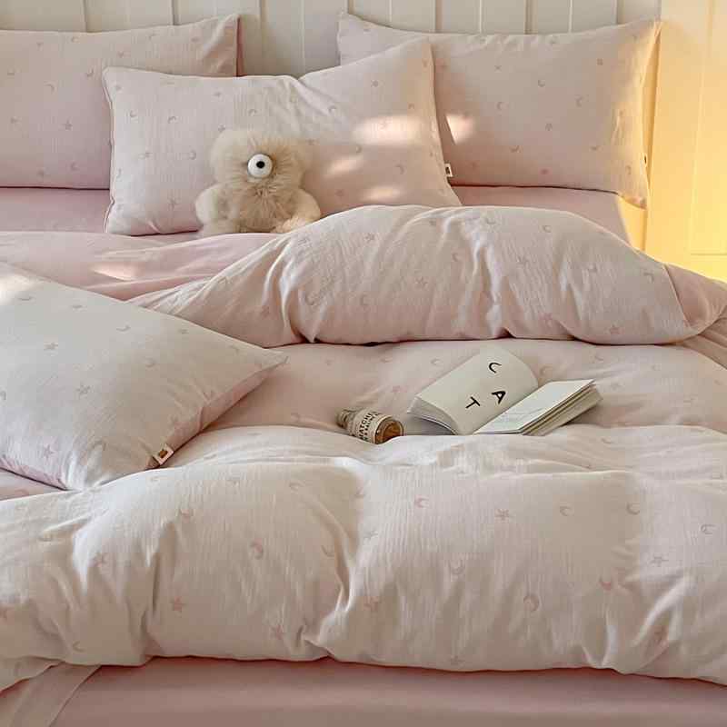 ベビー 綿 ダブルガウズ 星月柄 四件セット ピンク グレー ミルク シングル ダブル ベッドカバー シーツ ピローケース 柔らかい 通気性 寝具 赤ちゃん用 かわいい デザイン 肌触り良い 母子向け 無印風