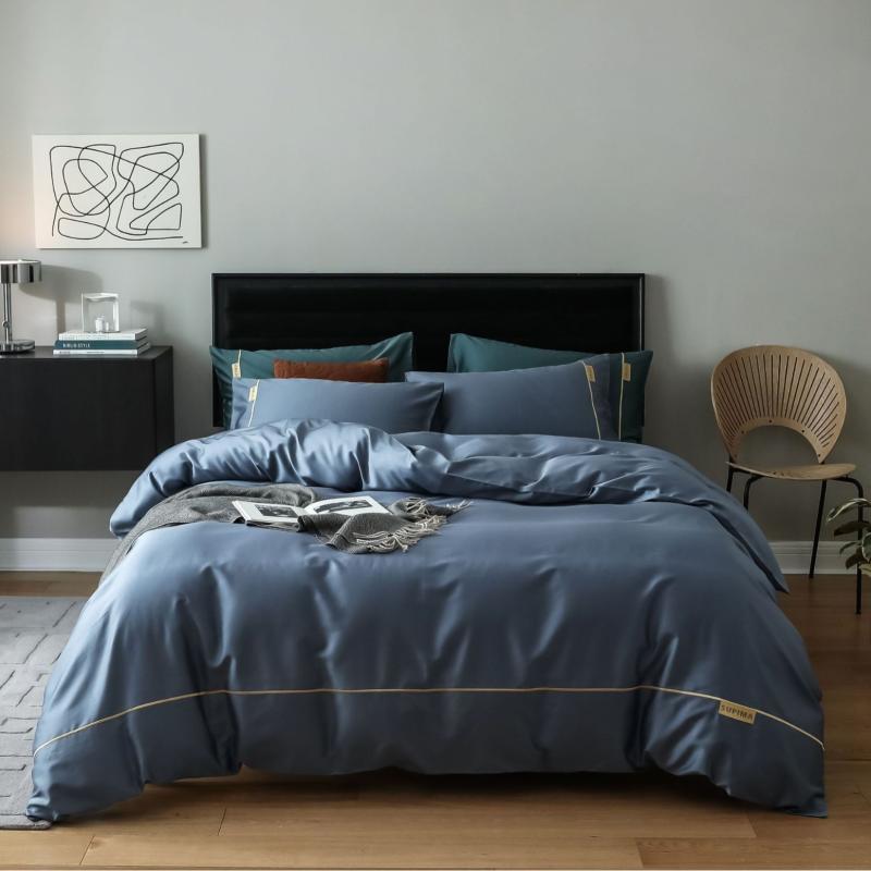 ベッドリネンセット 純棉 140支 刺繍 4点セット ベッドシーツ 枕カバー クッションカバー 現代 シンプル 快適 吸湿性 通気性 グレー ブルー ピンク ベージュ ホワイト 1.5m 1.8m 対応 ベッドスカート 付き