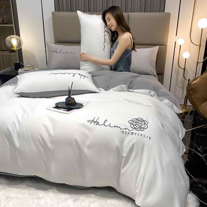乐天商城 - ベッドルーム 寝具 セット 水洗 綿 貢サテン 四件套 接触冷感 クイーン スレッド シーツ 笠 シルク 滑らかな 純色 ベッドカバー 枕カバー 夏用 クール タオル シーツ ベッドシーツ ベッド セット 現代 シンプル スタイル ベッドルーム インテリ
