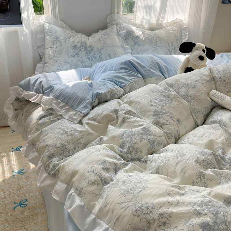 Gel Beds - ベッドルーム 四季用 親肌 柔らかい シンプル 快適 高級感 花辺 染め 綿 ベッドシーツ 掛け布団カバー 枕カバー 四件セット 純色 花柄 水墨画 ブルー グリーン 軽量 通年使用 吸湿 速乾 切り替えデザイン 柔軟素材 ベッドルームインテリア