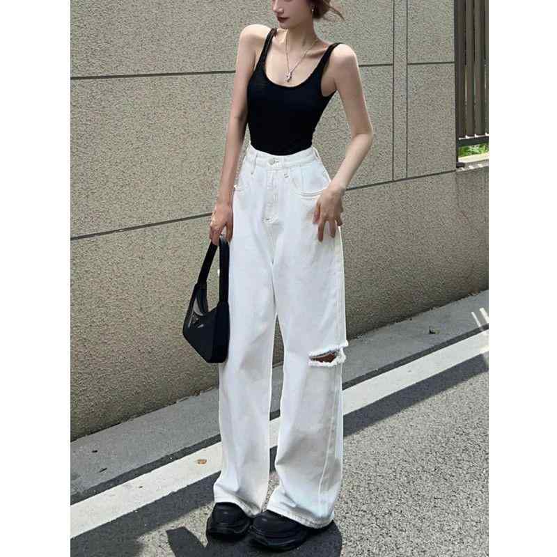 Rakuten - ジーンズ レディース 白色 黒 牛仔パンツ 直筒 長ズボン 高腰 ワイドレッグ ゆったり スリム 百搭 直筒型 コットン ミックス 綿素材 メイン 80-90% ミドルストレッチ クラッシュ加工 免アイロン 秋冬 清新 かわいい 甘めスタイル カジュアル