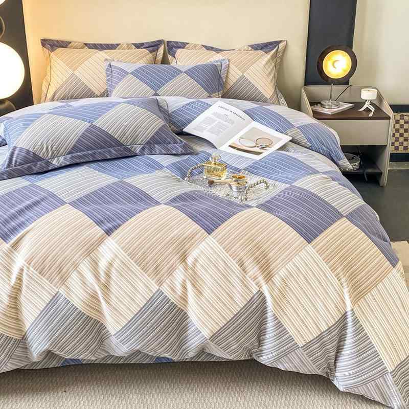 四件セット ベッドリネン 純綿 磨毛加工 蓄熱保暖 加厚 100%コットン 床品 条紋 心形 幾何学模様 植物花卉 活性印染 斜紋 綿素材 軽量 暖か スレンダー 枕カバー 掛け布団カバー フラットシーツ クイルトステッチ 小清新 スタイル 標準サイズ