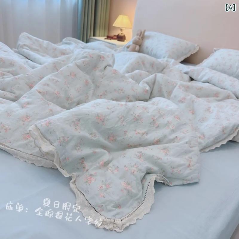 ベッドシーツセット 純綿 ガウン素材 二重織り 通気性 夏用 切り替えレース 花柄 植物柄 かわいい 軽量 吸湿速乾 シングル ダブル クイーン ファミリー 寝室用 日常使い 田園スタイル
