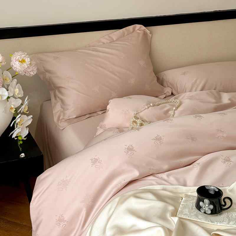 ベッドシーツ セット 長絨綿 純綿 柔軟 快適 活性染色 提花加工 ベッドカバー スタイル ピンク ブラウン シャンパン グリーン シングル ダブル サイズ 対応 寝具 コレクション 高級感 肌触り 良い 日常使い 寝室 インテリア