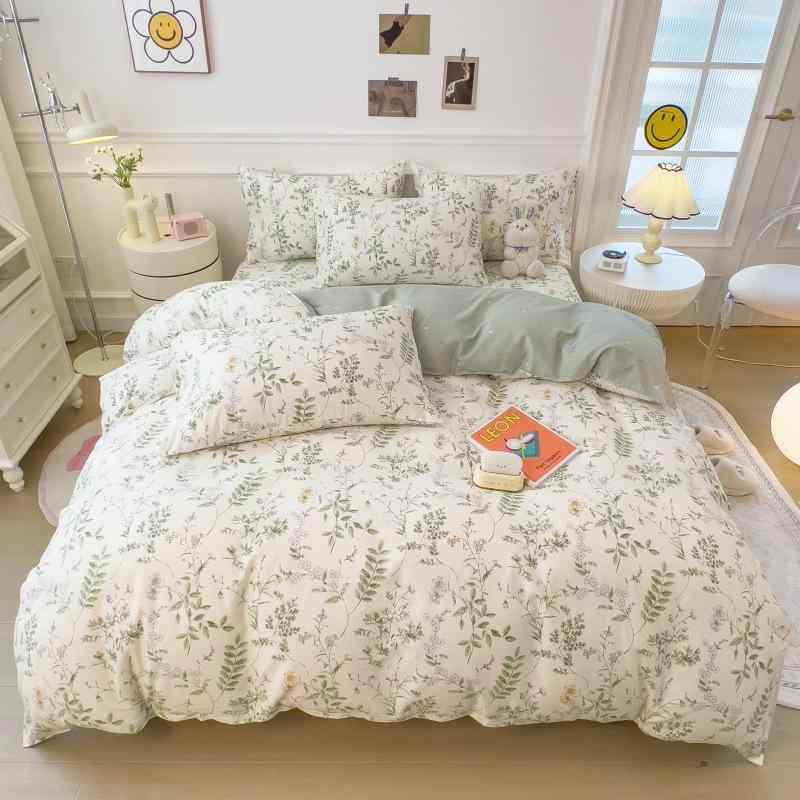 Other - ベッドルーム 寝具 セット 純綿 100% コットン 花柄 プリント 活性染色 スラブ織り 植物 モチーフ 学生 寮用 家庭用 ベッドカバー 付き シーツ 枕カバー 快適 寝心地 軽量 吸湿性 通年 使用 可能