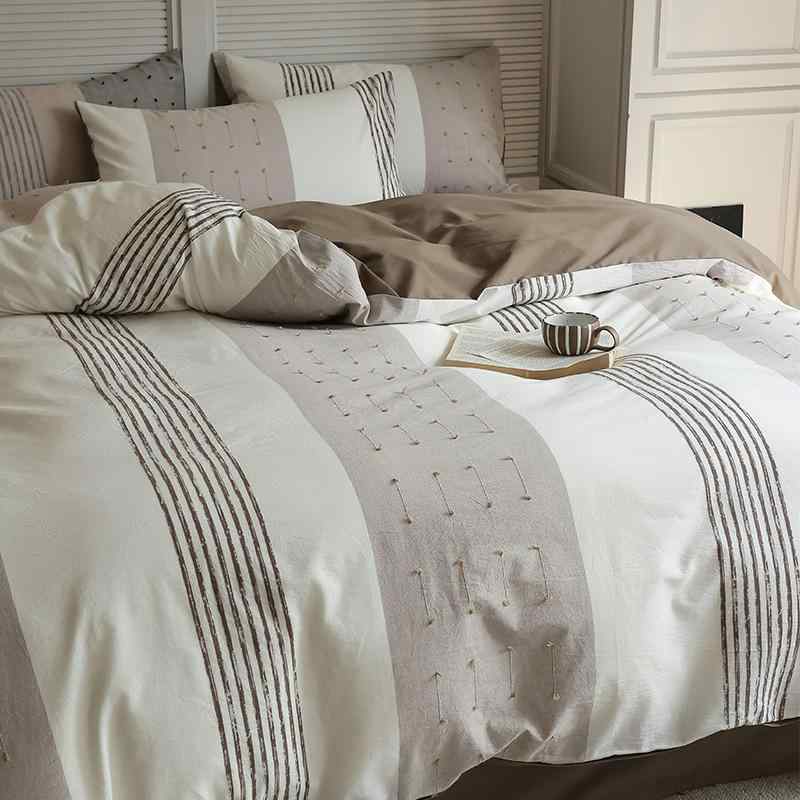 日式 和風 ベッドルームセット 色織 提花 水洗 綿 全綿 四件セット 1.8m ベッドカバー スタイル 純綿 ベッドシーツ 掛け布団カバー 寝具 活性染色 ベッドメイク クイーンサイズ ベッドリネン 柔らかい肌触り 日常使い シンプル デザイン カラー