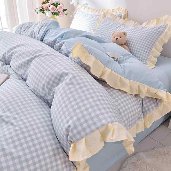 ベッドリネン プリンセススタイル 水洗綿 花柄レース チェック柄 4点セット シングル ダブル クイーン キング クリーム ピンク ブルー イエロー グリーン パープル 活性印染 斜紋織り 幾何学模様 柔らか素材 快適寝具 かわいいデザイン 通年使用