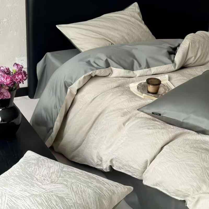 ベッドリネンセット 長絨綿 100支 提花織り 純色 現代簡約 幾何柄 緑系 茶系 紫系 ベッドシーツ 枕カバー デュベットカバー 快適 高級感 軽量 通年使用 寝室用