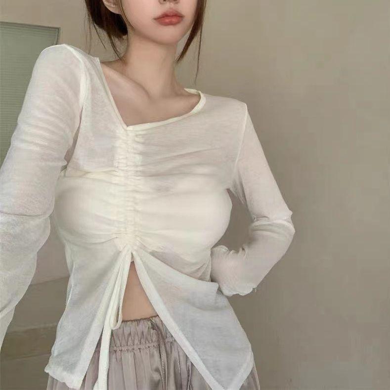 乐天商城 - Tシャツ レディース 女性用 夏 春夏 Vネック 長袖 マイクロ透け 薄手 紐付き ドローストリング 接触冷感 アイスシルク ポリエステル スパンデックス 修身 フィット 韓国風 日韓カジュアル セクシー ホワイト ブラック 純色 セットアップなし