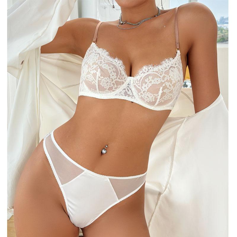ブラジャー 女性用 レース 透け感 セクシー 内衣 セット 大胸 小さく見せる 3/4カップ 超薄型 ワイヤー入り 後ろホック 固定ストラップ 綿素材 ポリエステル 90% 伸縮性 透気性 上托 快適 伝統スタイル レースエッジ 白色 ブラック グリーン
