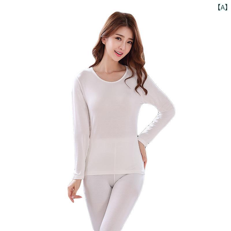 レディース 保暖インナーセット 秋冬 接触冷感 モダール素材 丸首 超薄手 タイトフィット 運動用 ボディシェイプ 伸縮性 吸湿速乾 軽量 単層 平紋 純色 白色 ピンク グレー ブラック ワインレッド ミッドウエスト 収口パンツ 中腰 柔らか 適度保温