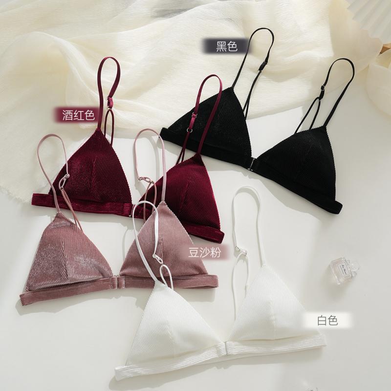 レディース ブラジャー セット 三角カップ 前ホック 細ストラップ ノンワイヤー セクシー 無痕 美背 超薄 文胸 ポリエステル ナイロン 透気 軽量 固定肩紐 光面 挿入パッド 豆沙粉 ブラック ホワイト ワインレッド 四季通用