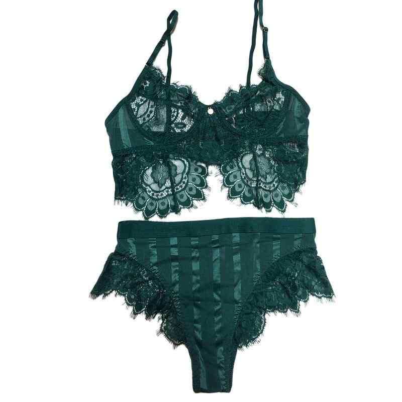 Underwear, Sleepwear - レディース ブラジャー セクシー レース 下着 セット 超薄 ワイヤー入り 3/4カップ ノンワイヤー 固定ストラップ ニット ストレッチ 法式 デザイン ホワイト ワインレッド ピーカングリーン S M L サイズ 夏 春夏 秋冬 通年