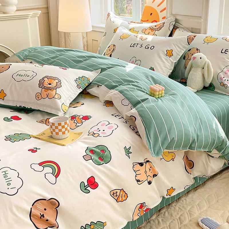 キッズ ベビー 子供用 純綿 綿100 寝具 セット ベッドシーツ 枕カバー 掛け布団カバー 4点セット 3点セット 活性染色 ツイル織り 斜紋 卡通 動物柄 動物園 森王国 大耳犬 ピンクうさぎ いちごくま ビションプー 犬 ブルー 流浪地球 黄油くま