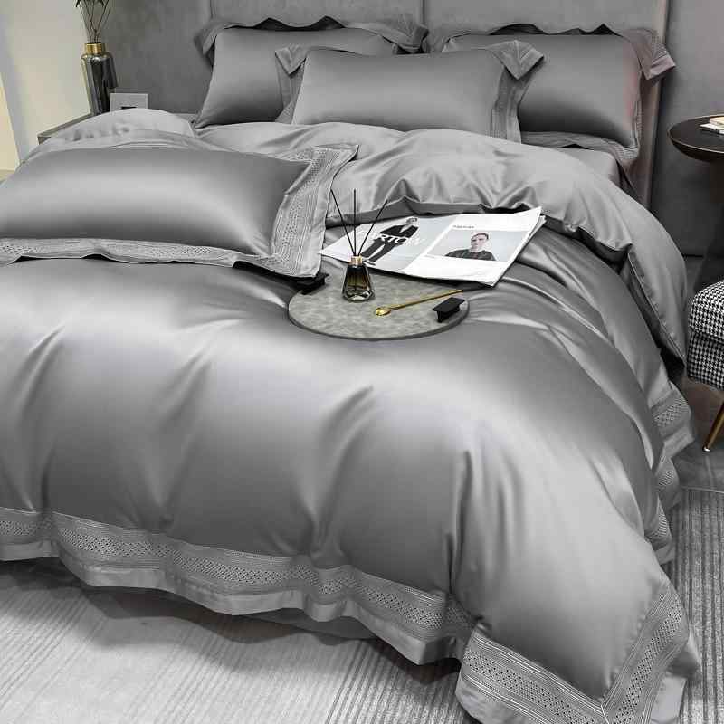 ベッドリネンセット コットン 140支 純色 ワイドエッジ 現代 シンプル ベッドシーツ 枕カバー ダブル クイーン グレー ブルー グリーン ピンク ゴールド ホワイト 吸湿速乾 軽量 快適 寝具 4点セット