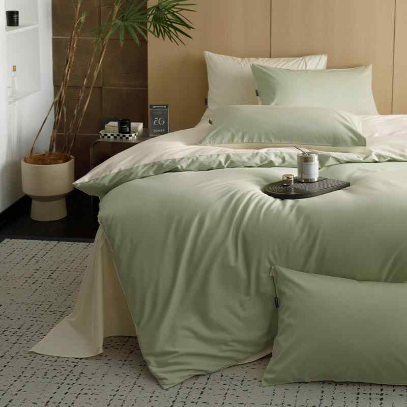 ベッドリネンセット 長繊維綿 高支数サテン 軽量高級感 全コットン 純綿 ベッドカバー シーツ 枕カバー 四件セット 通年使用 柔らかタッチ 吸湿速乾 活性プリント 北欧風 かわいいパステルカラー 薄ピンク グレー ブルー ベージュ 緑 サイズ対応 1.