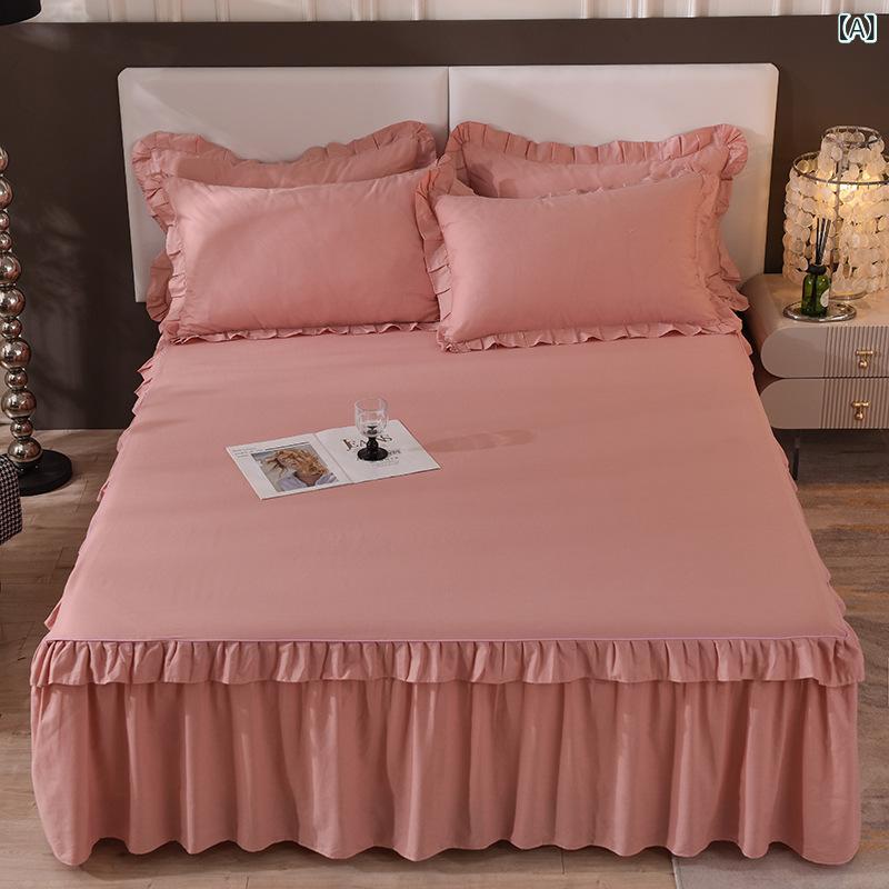 Futon Covers - ベッドスカート 100%コットン 純色 韓式 花辺 シングル ダブル ベッドパッド 保護カバー 吸湿速乾 通気性 軽量 シングルピース ベッドカバー トップカバー 綿素材 寝室用 日常使い ベッドメイク インテリア グレー系 ベージュ系 グリーン系 ブル