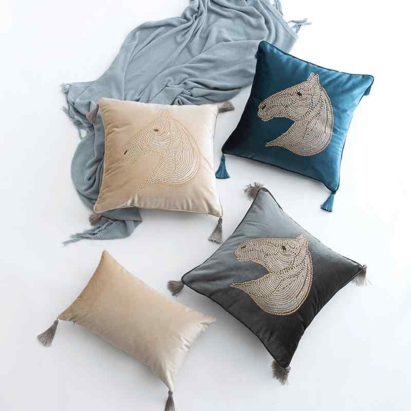 Pillow Cases - ソファ クッション カバー 抱き枕カバー 欧風 クラシック スタイル モロッコ 刺繍 ラインストーン 装飾 馬頭 モチーフ フリンジ 縁取り ベロア 素材 ポリエステル 100パーセント 湖ブルー ブラック グレー 紫 アイボリー レッド ピンク ディー