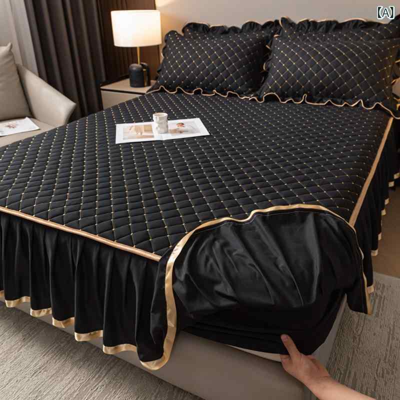 Bed Sheets - ベッドスカート 厚手 綿入り 2合1 欧風 ベッドカバー 単品 ダブル シングル クイーン キング 純色 ブラック グレー ネイビー ベージュ アイボリー グリーン ポリエステル 磨毛加工 活性染色 通年用 寝室インテリア 伸縮性 防滑 洗濯簡単 軽量