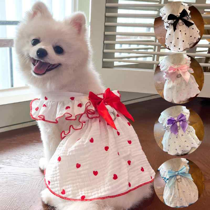 ペット ドレス 犬猫用 春夏 ユニセックス コットン素材 ハート柄 赤 紫 ピンク 黒 青 かわいい 軽量 通気性 吸湿速乾 泰迪 ビション ポメラニアン ラグドール 対応 普段使い 室内着