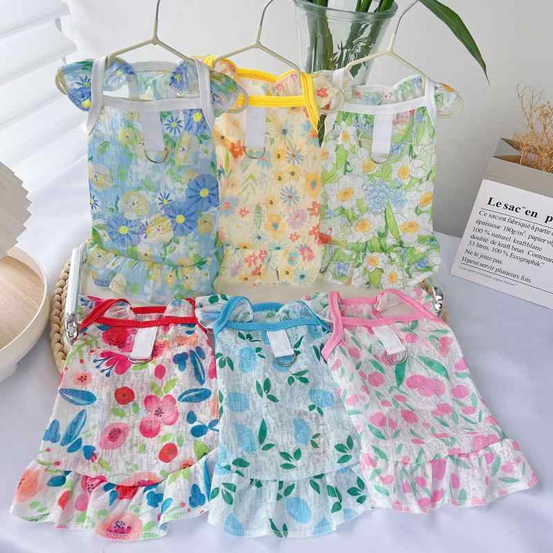 ペット服 犬猫用 夏用 吊り下げスカート 薄手 通気性 涤纶素材 軽量 黄色 ピンク ライトブルー ブルー グリーン レッド カジュアルスタイル 小型犬 中型犬 大型犬 ユニセックス 涼しい 日常着 ペットドレス スカート服 夏服 散歩用