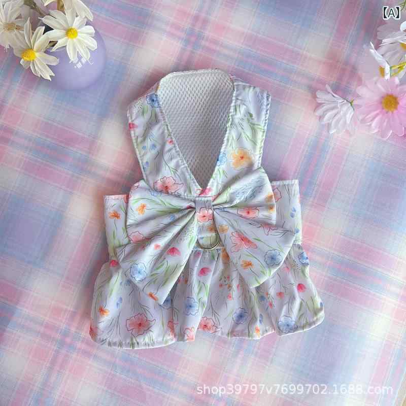 ペット服 犬猫用 胸背スカート 春夏秋 復古 フラワープリント 透気性 外出用 リード対応 ビション ポメラニアン コットン混 かわいい ユニセックス 軽量 ミックスカラー ピンク系 グリーン系 ホワイト系 アイボリー系 ビッグシルエット