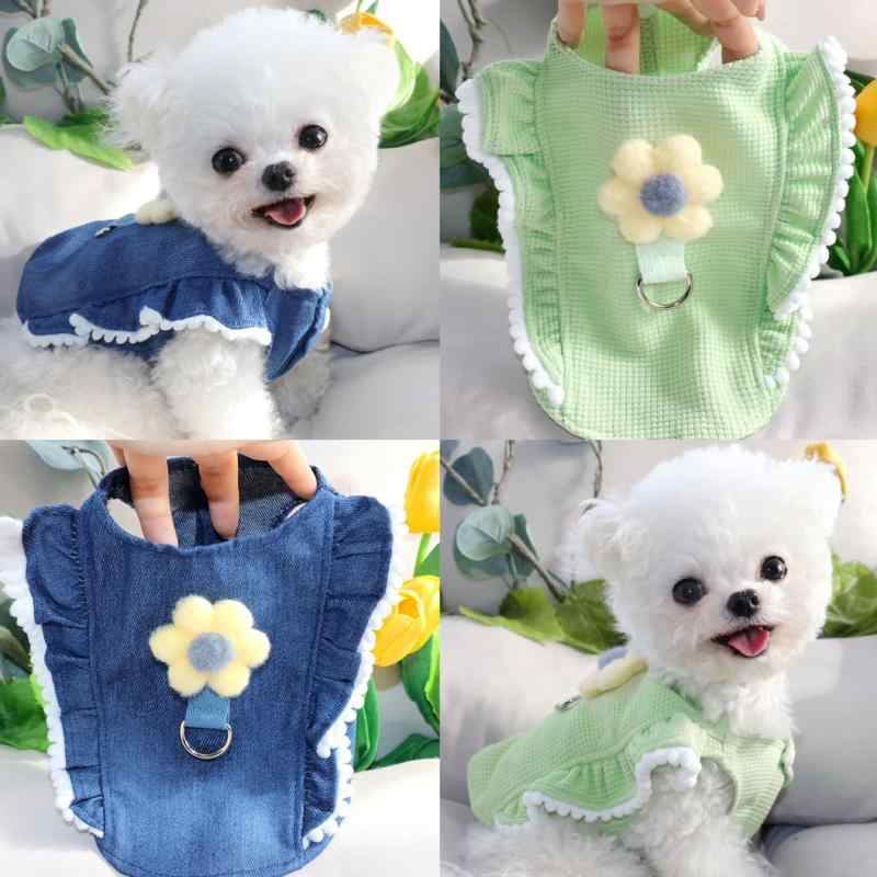 犬服 立体小花 ペット服 犬用 かわいい 花柄 小型犬用 ビションフリーゼ テディ ポメラニアン ヨークシャーテリア マルチーズ 緑 牛仔ブルー 青春柄 白ウサギ柄 青ウサギ柄 スカート風 ポリエステル 軽量 カジュアル 散歩用 リード対応 女の子 男の