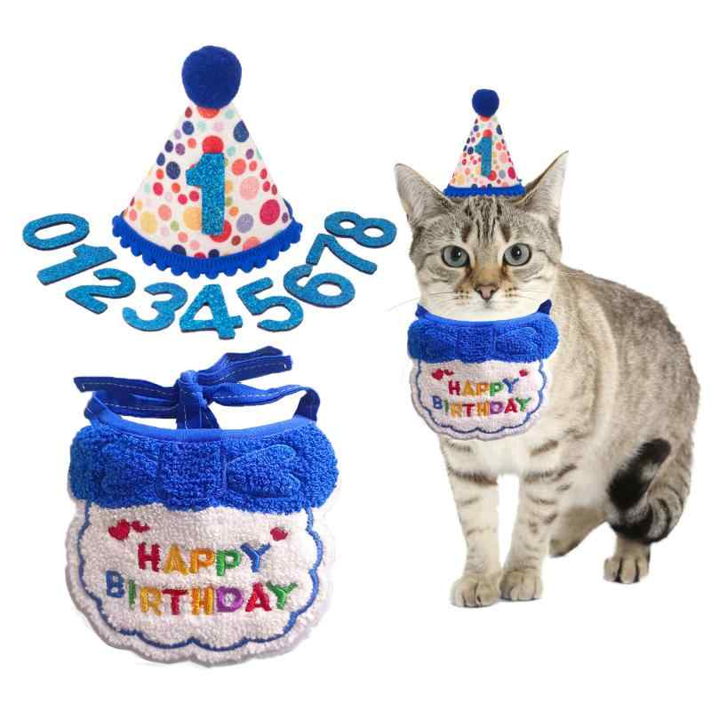ペット 帽子 セット 猫用 誕生日 帽子 数字 飾り ビブ キャンバス素材 通年使用 かわいい デザイン 汎用 軽量 丸型 ドット柄 ブルー ピンク ゴールド