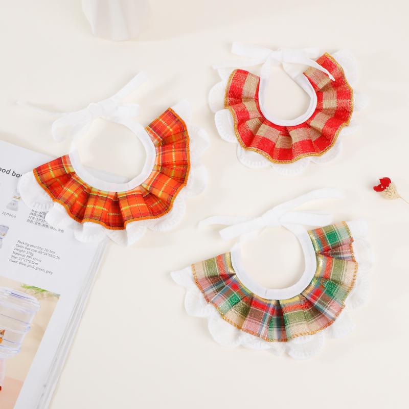 ペット 口水巾 ビブ 犬猫用 涤纶 格子 レース デザイン 緑 赤 橙 英倫スタイル 四季 通用 機織 平紋 印花 加工 かわいい アクセサリー 首輪 風 軽量 通年 普段使い 誕生日 ギフト 対応 小型犬 比熊 布偶猫 適戴 用品(x2)