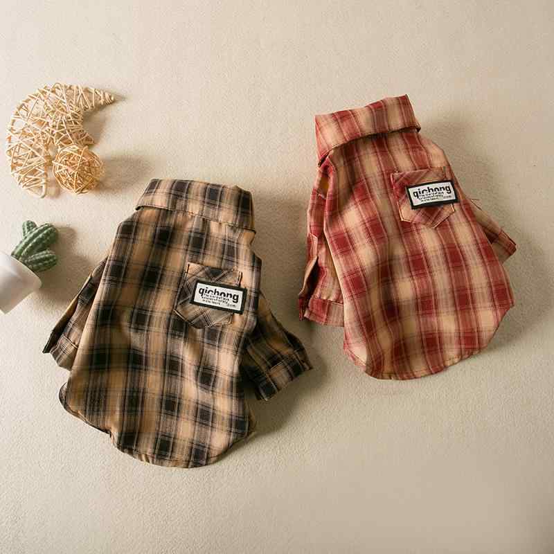 犬用 猫用 春夏 格子シャツ ペット服 スヌーズル テディ ビションプリジェ 赤色 茶色 コットン 布地 軽量 吸湿速乾 ユニセックス カジュアル 普段使い 室内着 散歩着