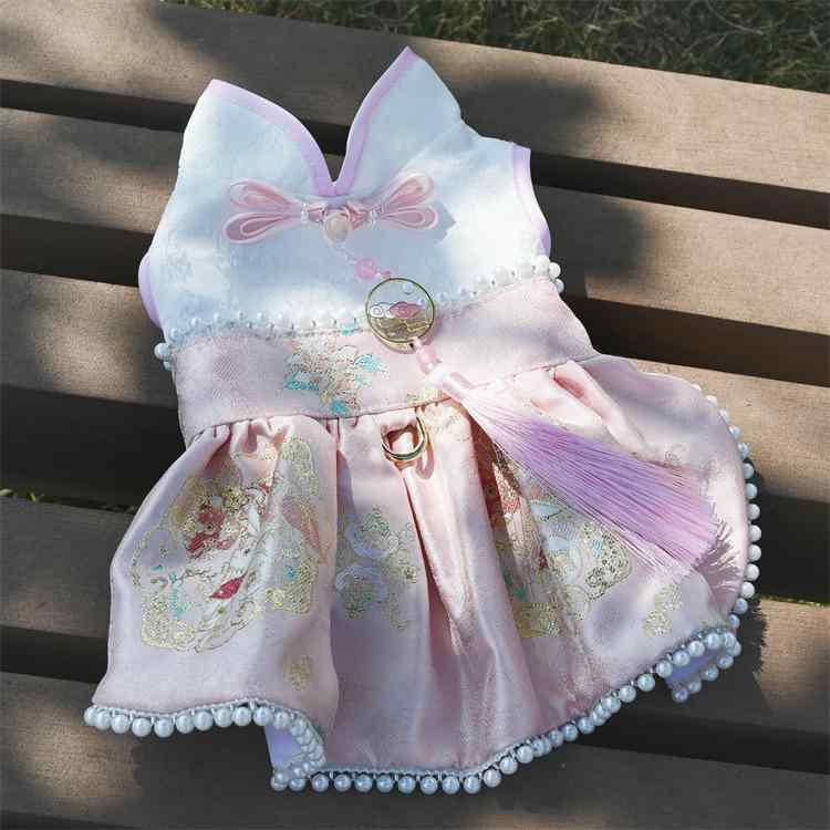ペット服 女性用 チャイナドレス 風 かわいい ピンク ウサギ モチーフ 珠付き スカート ドレス 布製 小型犬 猫用 礼服 コスプレ 衣装 通年 普段使い 軽量 柔らかい 素材 ふんわり シルエット プリンセス スタイル 姫風 唐装 デザイン テディ