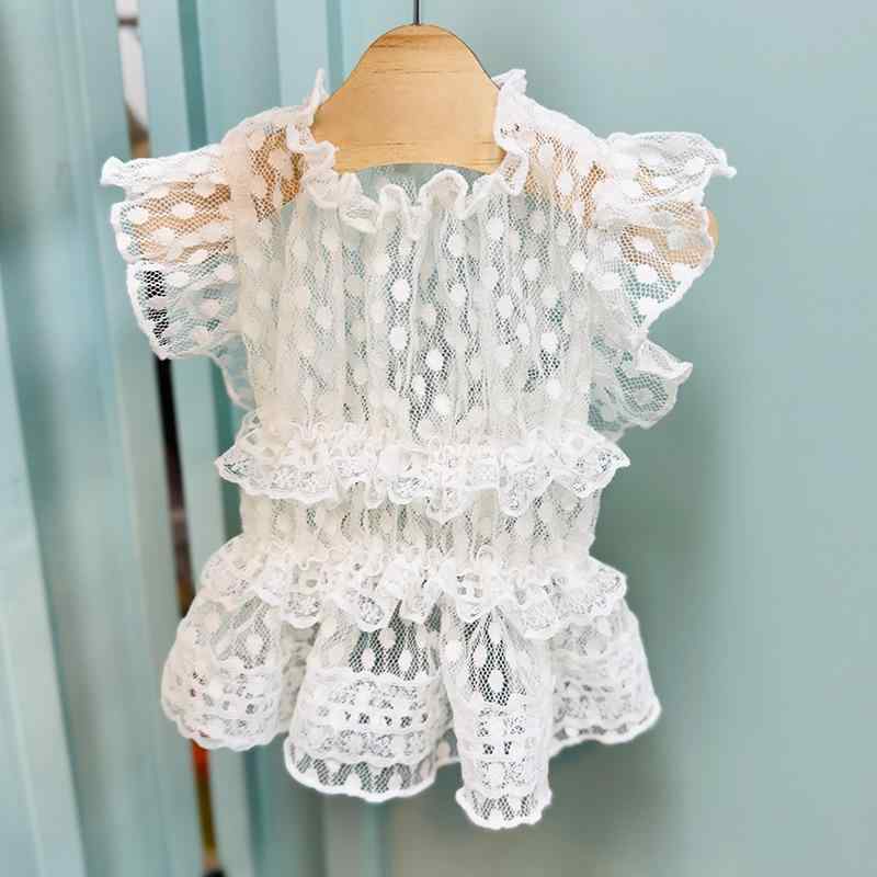 ペット ドレス 女の子用 夏用 ドット柄 レース フリル 綿混紡 プリンセス風 かわいい 軽量 通気性 花柄 ピンク系 アイボリー 泰ディ プードル 犬猫服 普段使い 室内着 ソフト素材 伸縮性 吸湿速乾 ビッグシルエット Vネック ショート丈 ラウンド