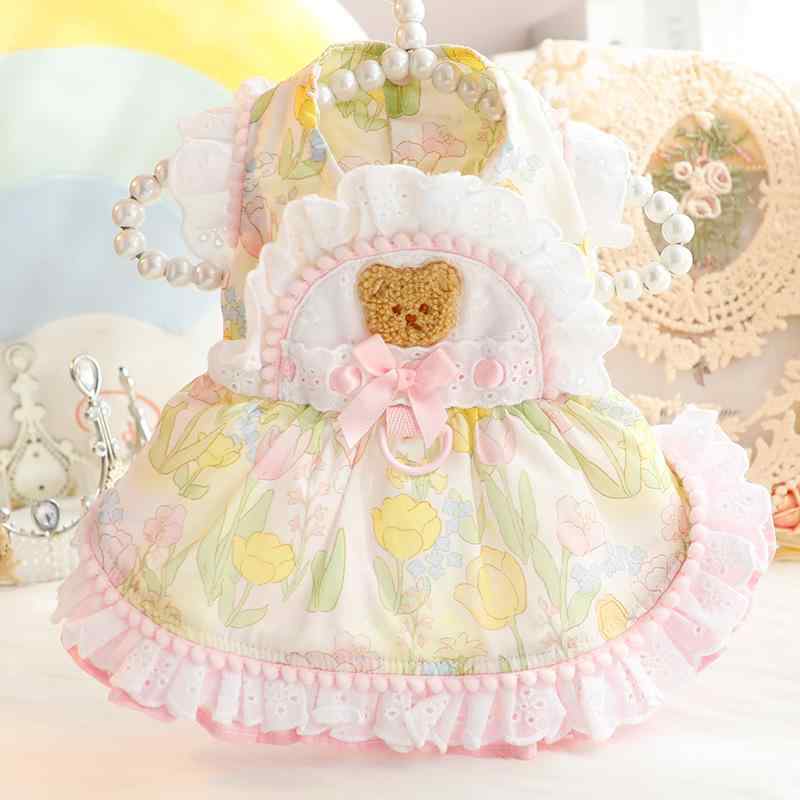 ペット服 犬猫用 春夏 薄手 プリンセスドレス かわいい ロリータ風 小型犬 テディベア ピンク イエロー 綿素材 通気性 軽量 フリル付き 女の子向け 男の子向け ユニセックス