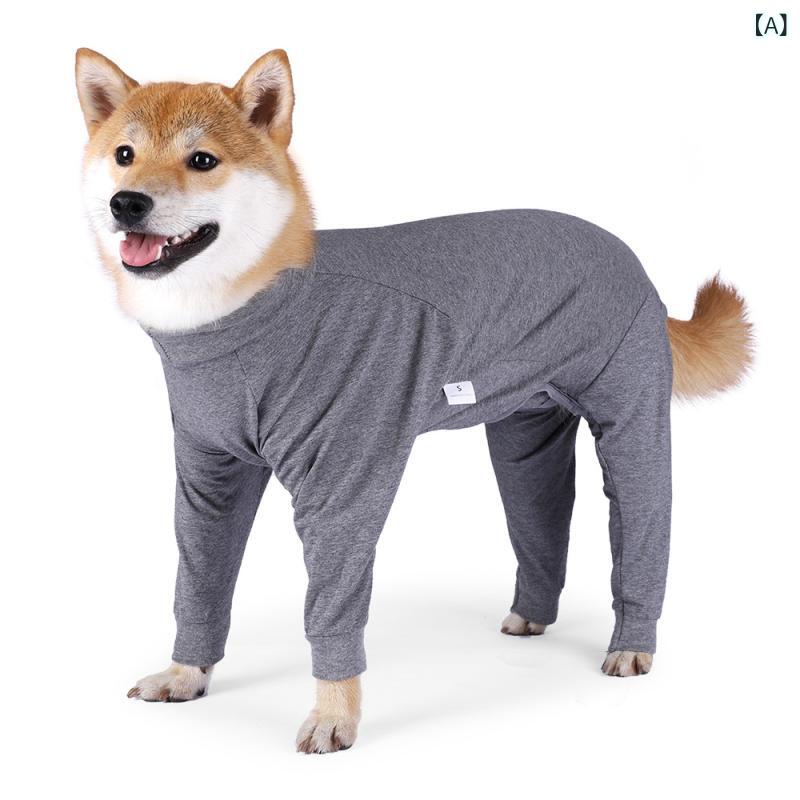 Rakuten - 秋冬 犬用服 メンズレディース ユニセックス 全周囲カバー 伸縮性 四脚 ホームウェア 生理期用 防舔 防蚊 コットン素材 グレー 深紺ストライプ 軽量 通年 室内用 アウトドア対応 かわいい ペットファッション