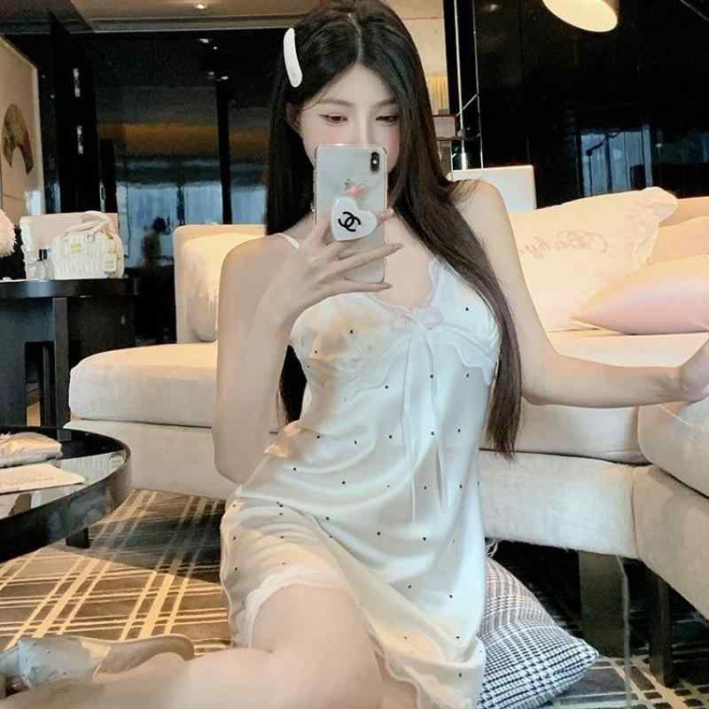 吊り帯 女性用 春夏 ピュアスタイル 波点 寝間着 ドレス 接触冷感 薄手 透気性 涼快 快適 Vネック 無袖 短丈 ホームウェア セット ポリエステル 再生繊維 軽量 居家 寝室 浴室 ユース カジュアル
