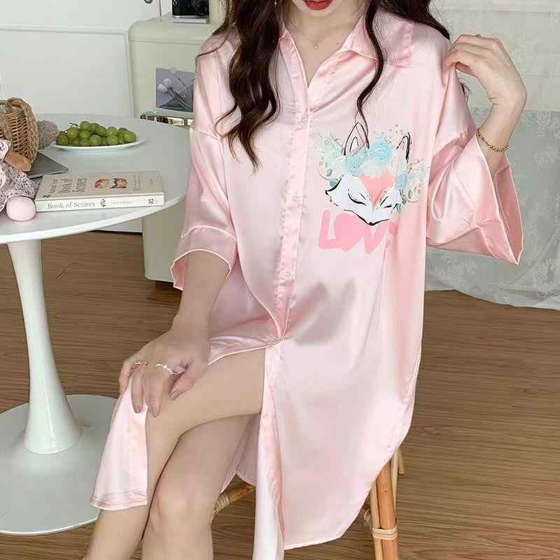 レディース 接触冷感 開襟 睡衣 スカート 女性用 夏用 薄手 セクシー トップス Vネック 半袖 ポリエステル 透気性 涼感 快適 ルームウ..