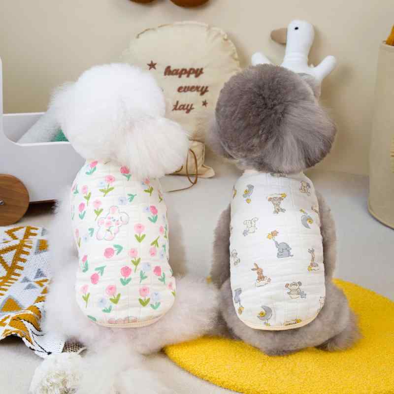 ペット服 ユニセックス 冬用 犬猫 猫咪 小型犬 テディ 背心 トップス 綿 ガゼ ガーゼ 双層 二重 快適 コットン 軽量 吸湿 速乾 柔らかい かわいい 柄 フラワー 花柄 動物プリント ウサギ柄 スモールアニマル カジュアル スタイル 室内着 散歩