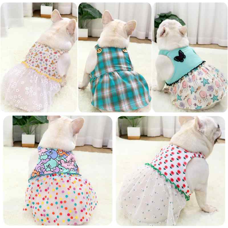 ペット 服 犬 スカート 夏 短め フレア かわいい コットン 素材 接触冷感 軽量 通気性 良い ユニセックス 彩虹色 ベア プリント 杏色 フルーツ パターン 蝶 ショルダー ストラップ 花柄 紫 チェック 緑 チェック 肩紐 付き フレアスカート