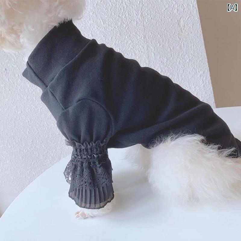 犬用服 秋冬 長袖 レース 打底 トップス 猫用 宮廷風 泰ディ ポメラニアン ビションフリーゼ ユニセックス コットン混紡 ブラック ホワイト XS S M L XL 軽量 伸縮性 四季対応 かわいい ペットウェア カジュアル 日常使い(x3)