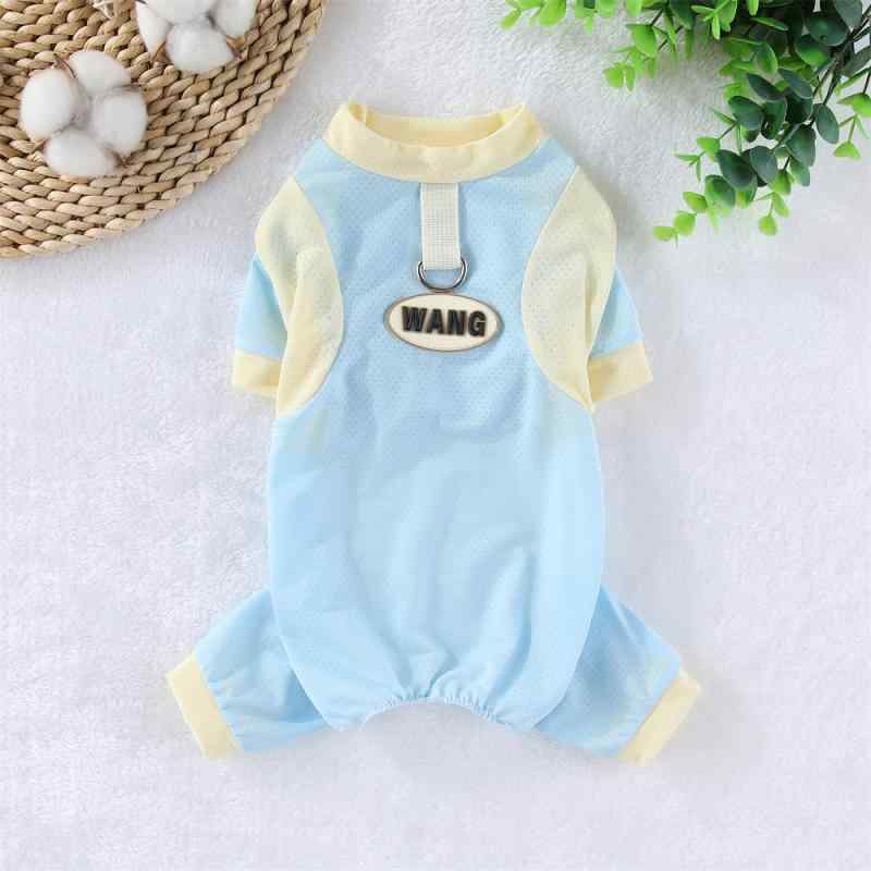 ペット服 犬猫用 春夏 接触冷感 四脚衣 網目生地 ビションフリーゼ テディベア 防紫外線 涼感 通気性 軽量 浅ブルー 浅パープル ピンク ユニセックス キャジュアル ペットウェア 犬服 猫服 夏服 クール素材 メッシュ 室内外 散歩用 ポリエステル