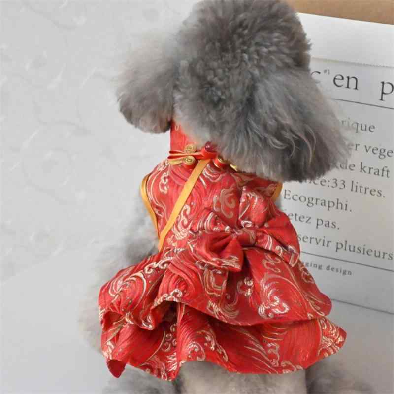 ペット用 チャイナドレス 改良型 ユニセックス 赤 海浪柄 二層スカート 犬服 ビション テディ マルチーズ 唐装風 かわいい 軽量 通年 普段使い 綿素材 伸縮性 ユニバーサルサイズ