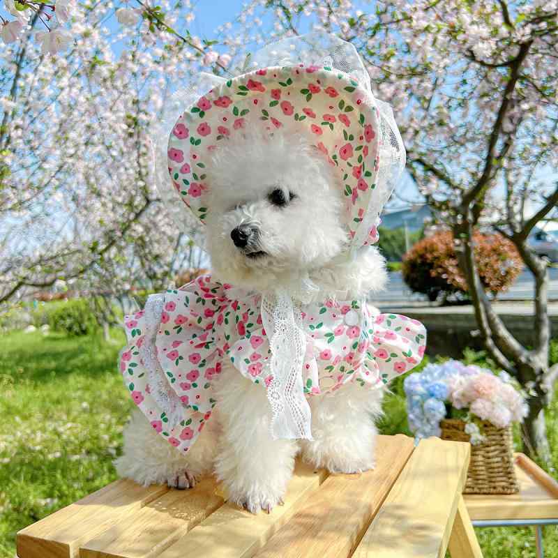 ペット ドレス 犬 猫 用 小型犬 幼犬 服 かわいい 小さな バラ プリント フラワー 柄 スカート コスチューム ポリエステル 素材 軽量 柔らかい 生地 通気性 良い ピンク 系 カラー 女の子 風 ファッション アイテム ユニセックス 対応 春夏