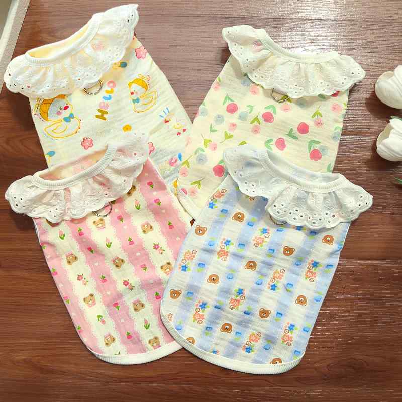 ペット服 ユニセックス 猫用 犬用 全棉 綿素材 通気性 薄手 夏服 エアコン服 脱毛防止 かわいいプリント 花柄 ウサギ柄 クマ柄 ピンク ブルー イエロー 軽量 室内着 かわいい プリンセススタイル