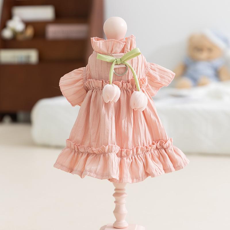 ペット服 スカート 春夏 透気性 プリンセス風 かわいい ピンク 紫 チューリップ柄 泰迪 ビション 猫用 犬用 通用 ポリエステル 軽量 柔らかい 室内外 通年対応 女の子 男の子