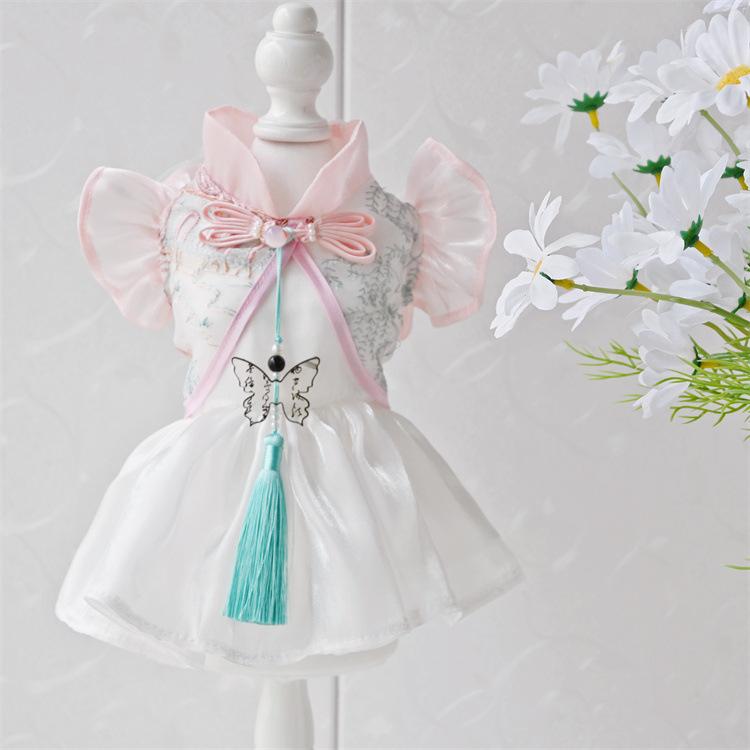 ペット ワンピース ドッグ メス用 夏服 春夏 新中式 中国風 ガーゼ スカート 軽量 通気性 綿素材 涼しい 亭台楼閣柄 S M L XL XXL対応