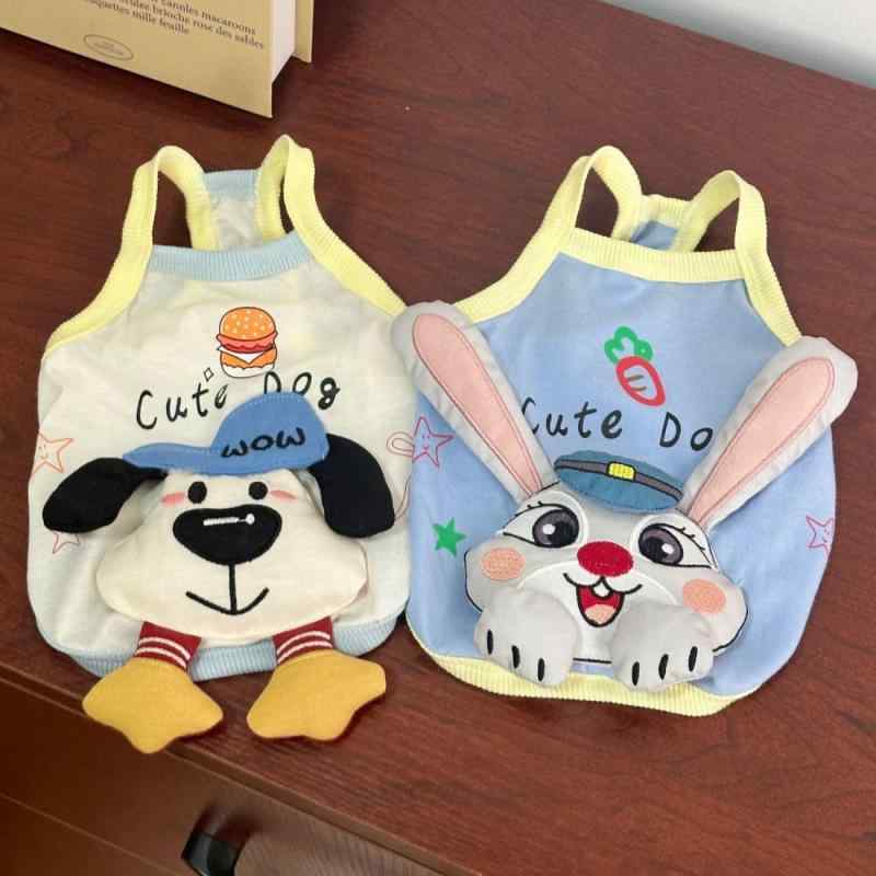 ペット服 犬猫用 春夏 薄手 吊り紐 背心 立体 ぬいぐるみ 風 かわいい ポップ デザイン コットン 調 ポリエステル 素材 軽量 通気性 吸湿速乾 ユニセックス スモール ドッグ キャット ウェア キャミソール スタイル ラビット 柄 ドッグ 柄 カ