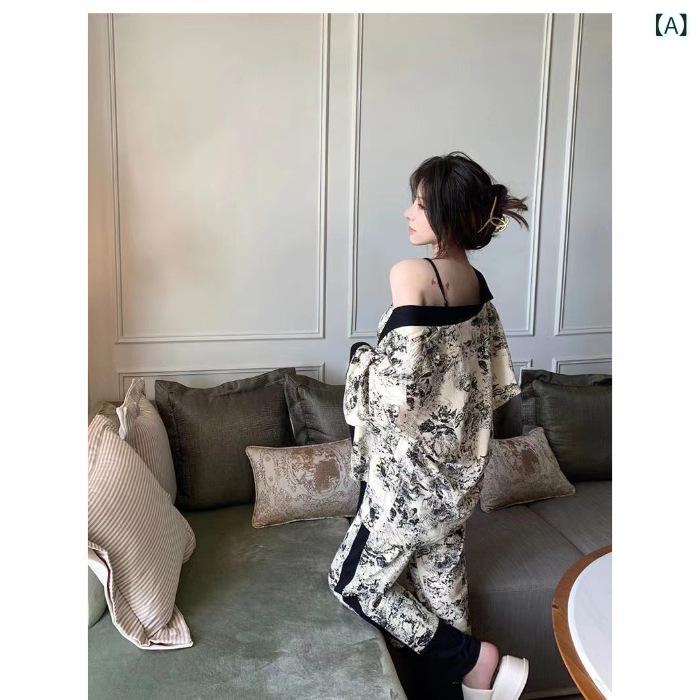 レディース 春夏 寝間着 セット 長袖 長ズボン セクシー キャミソール ホームウェア 透気性 快適 涼爽 Vネック かわいい スタイル 女性用 部屋着 ゆったり フィット 軽量 中厚 再生繊維 ミックス トップス パンツ インナー ルームウェア 春 秋