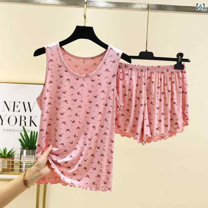 レディース インナー セット モダール 花柄 プリント 背心 トップス ショートパンツ 薄手 丸首 無袖 透気性 吸湿速乾 接触冷感 ピンク ホワイト ブルー ライトグレー 抹茶グリーン カーキ ピグメント プリント シンプル カジュアル ホームウェア